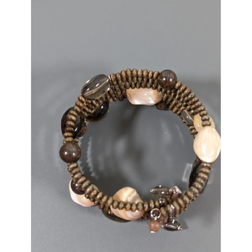Wide Brown Beaded Cuff Bracelet Wood Shell‎ Glass Flexible Boho